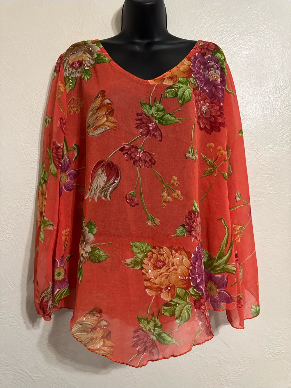 Orange Floral V-Neck Sheer Blouse